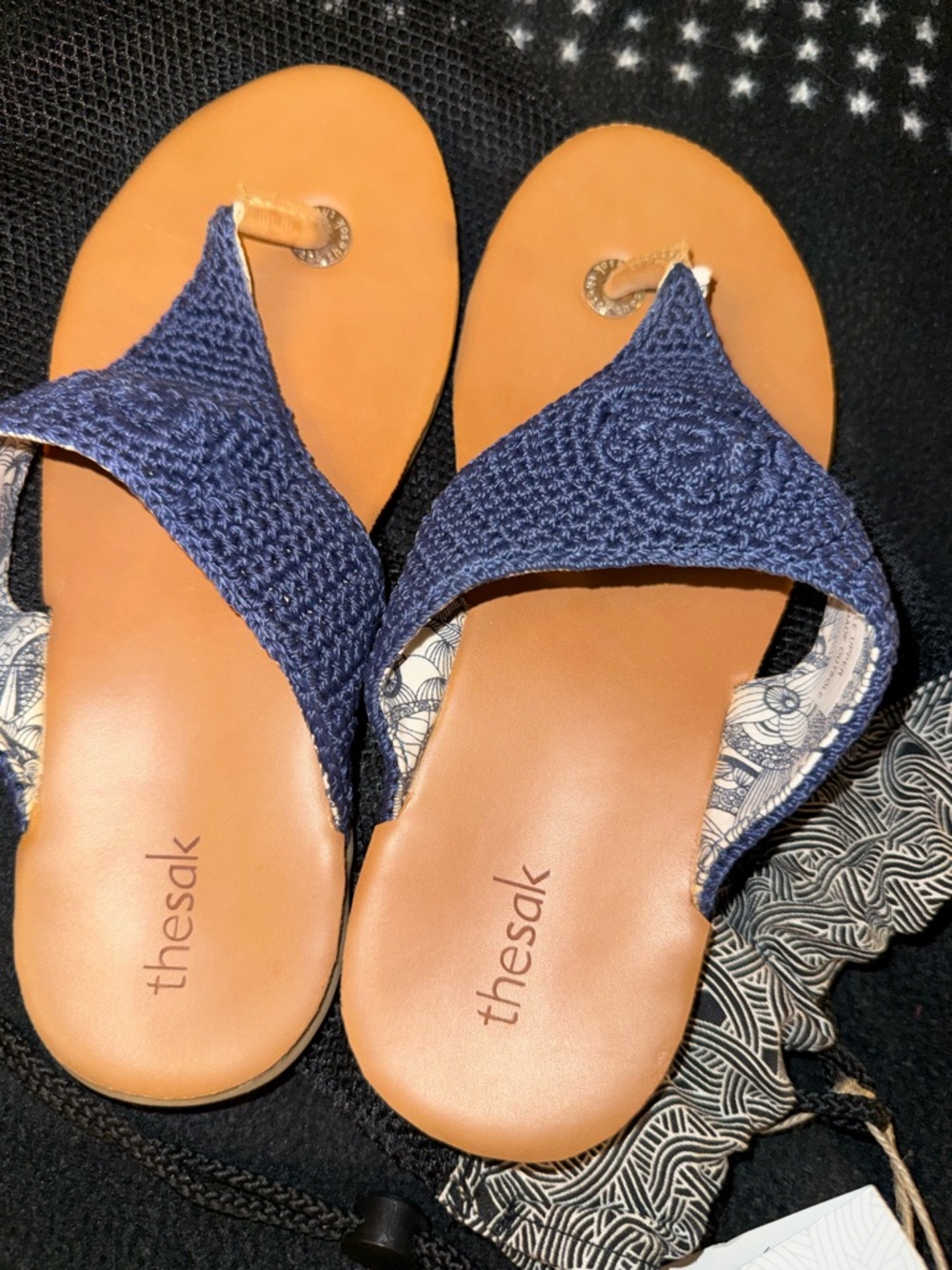 The Sak Navy Crochet Toe-Post Sandals with Tan Footbed